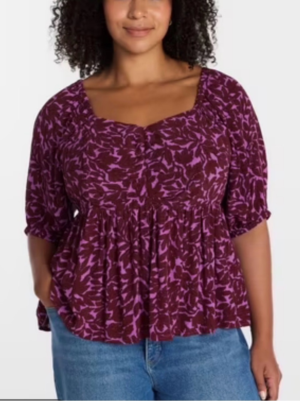 Terra & Sky Purple Floral Peplum Sweetheart Top - Women's Plus Size 2X